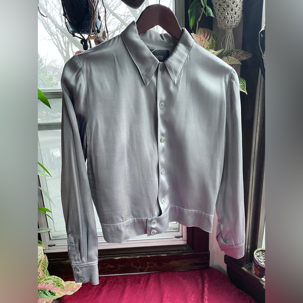 Reformation Blue-Silver Satin Longsleeve Shirt
